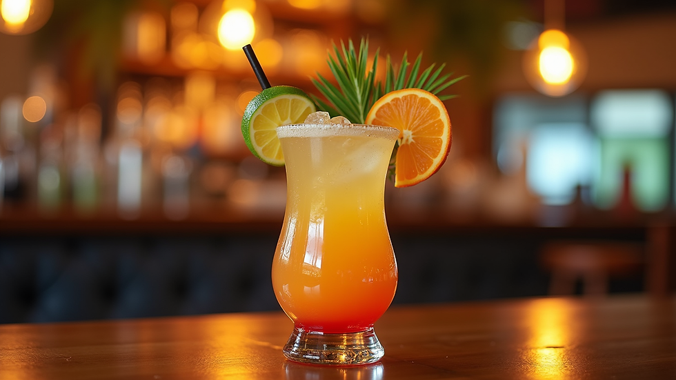 Eye-level view van een kleurrijke tiki-cocktail op een bar met tropische decoratie