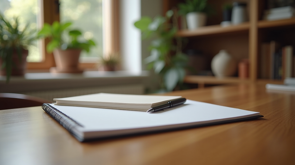 Eye-level view of a cozy therapy office with a notebook and pen on a wooden desk
