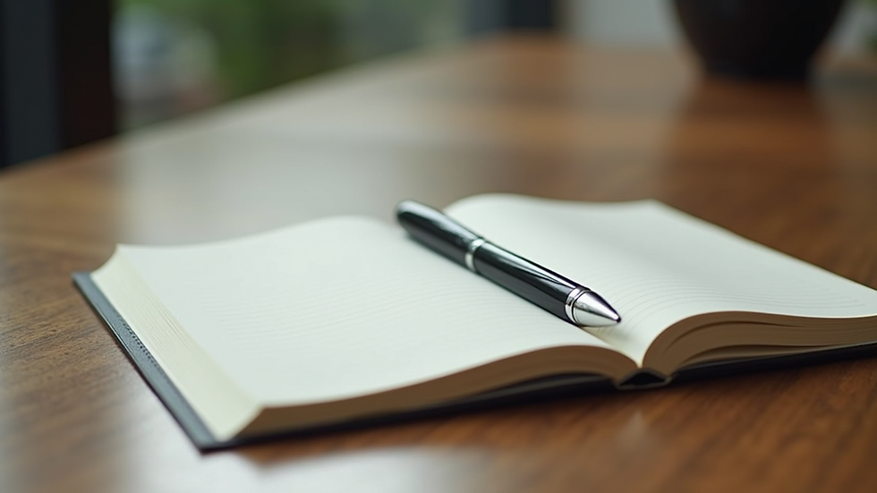 Close-up view of a journal and pen on a wooden table, symbolizing self-reflection