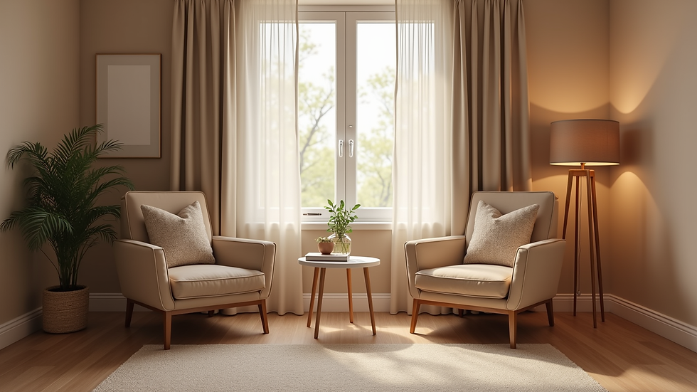 Eye-level view of a cozy therapy room with two chairs facing each other