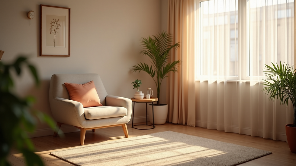 Eye-level view of a cozy therapy room with a comfortable chair and soft lighting