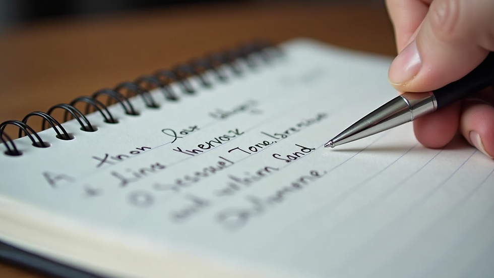 Close-up view of a notebook with handwritten therapy notes and a pen