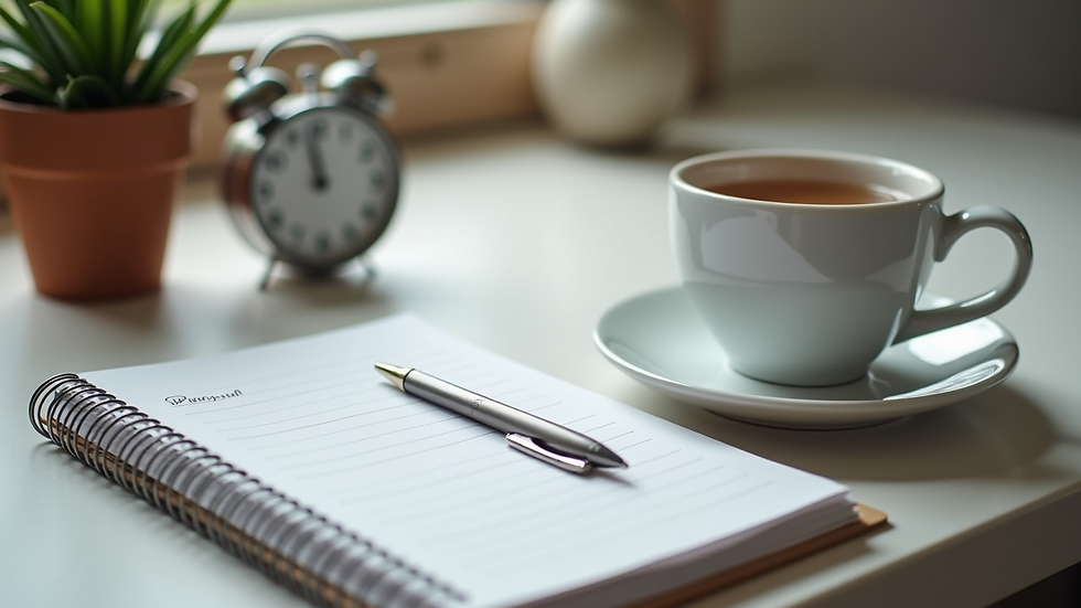 Close-up view of a desk with a planner, timer, and a cup of tea