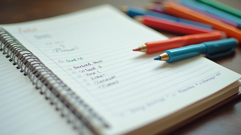 Close-up view of a notebook with a daily planner and colorful pens
