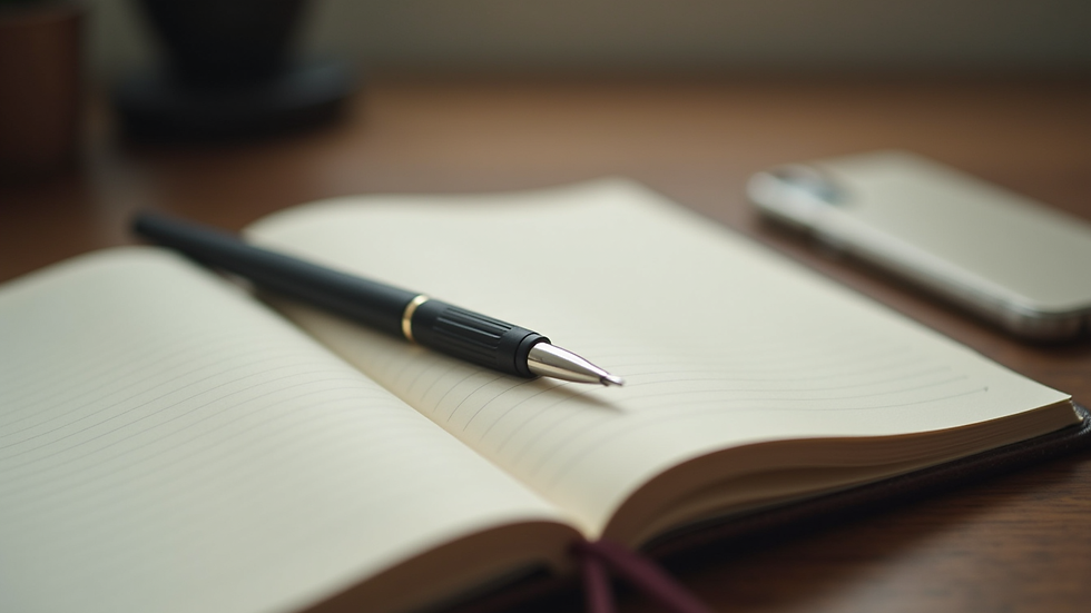 Close-up view of a journal and pen on a wooden desk