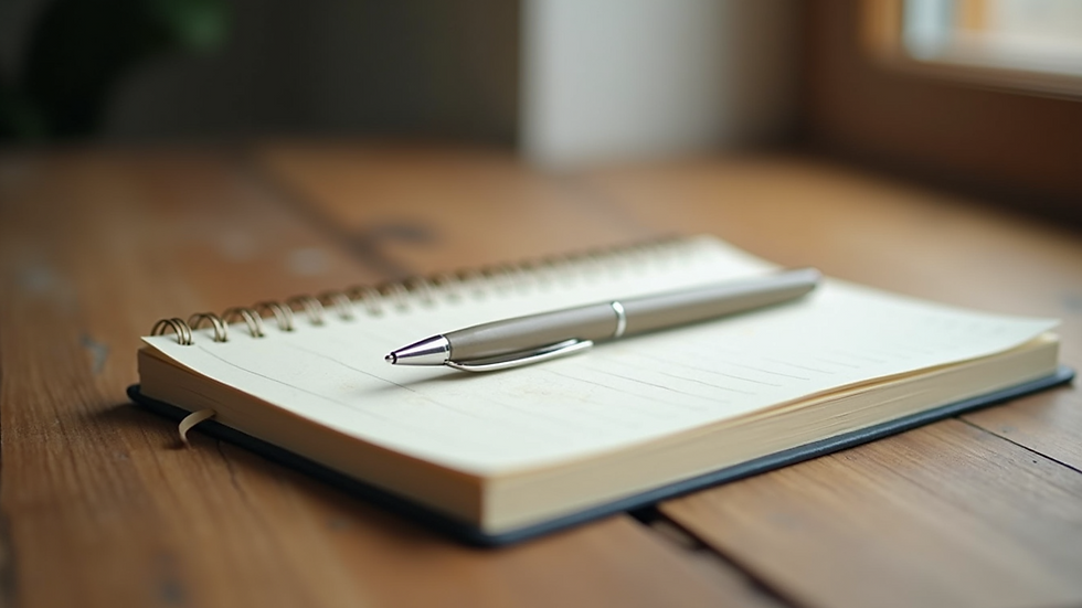 Close-up view of a journal and pen on a wooden table ready for mindful journaling
