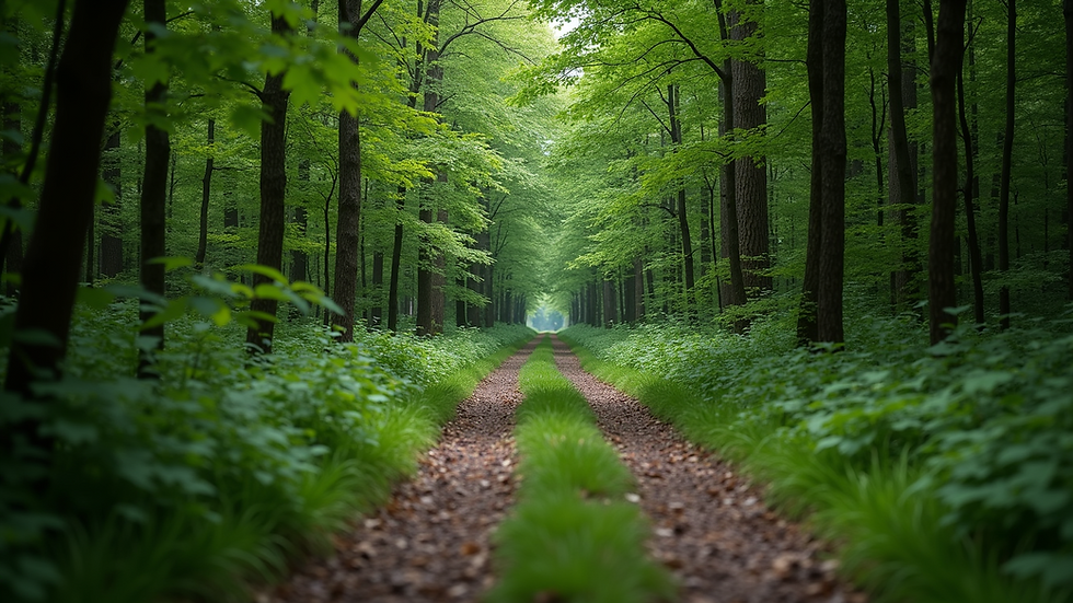 Eye-level view of a winding forest trail surrounded by green trees