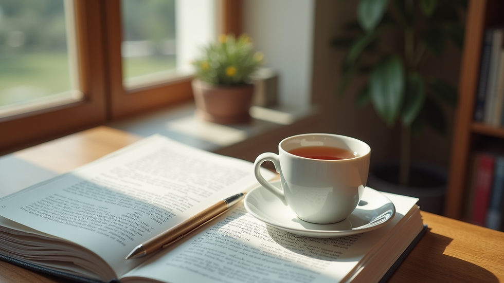 High angle view of a therapist’s desk with therapy books and a cup of tea