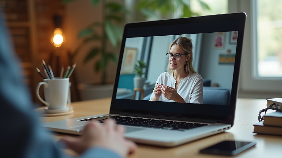 Close-up view of a laptop screen showing a virtual therapy session in progress