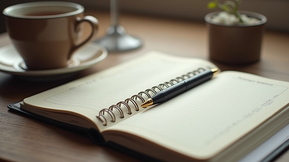 Close-up view of a planner and a cup of tea on a wooden desk
