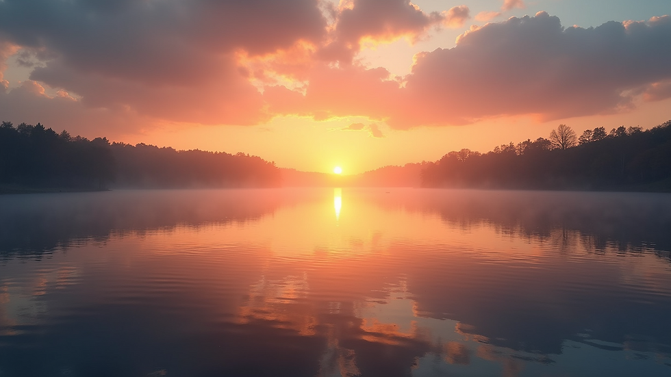 High angle view of a serene sunset over a calm lake, symbolizing peace and mindfulness
