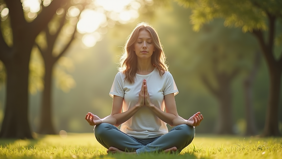 Eye-level view of a calm person sitting cross-legged outdoors practicing mindful breathing