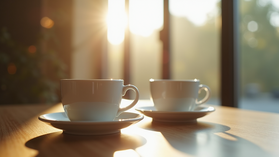 Close-up view of two coffee cups on a table with soft natural light