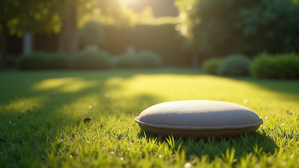 High angle view of a serene garden with a meditation cushion and soft sunlight