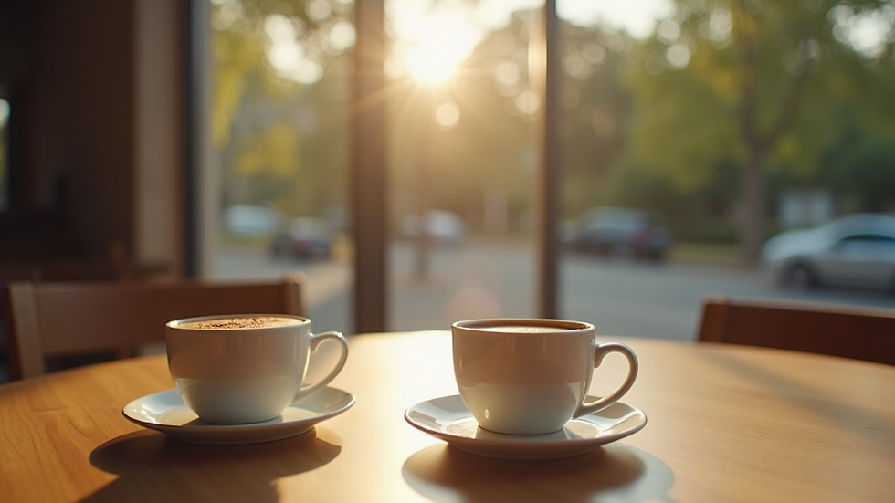 Close-up view of two coffee cups on a wooden table during a morning conversation