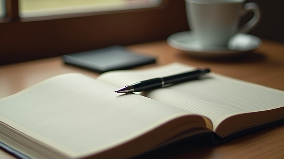 Close-up view of a journal and pen on a wooden desk, symbolizing reflection and self-awareness