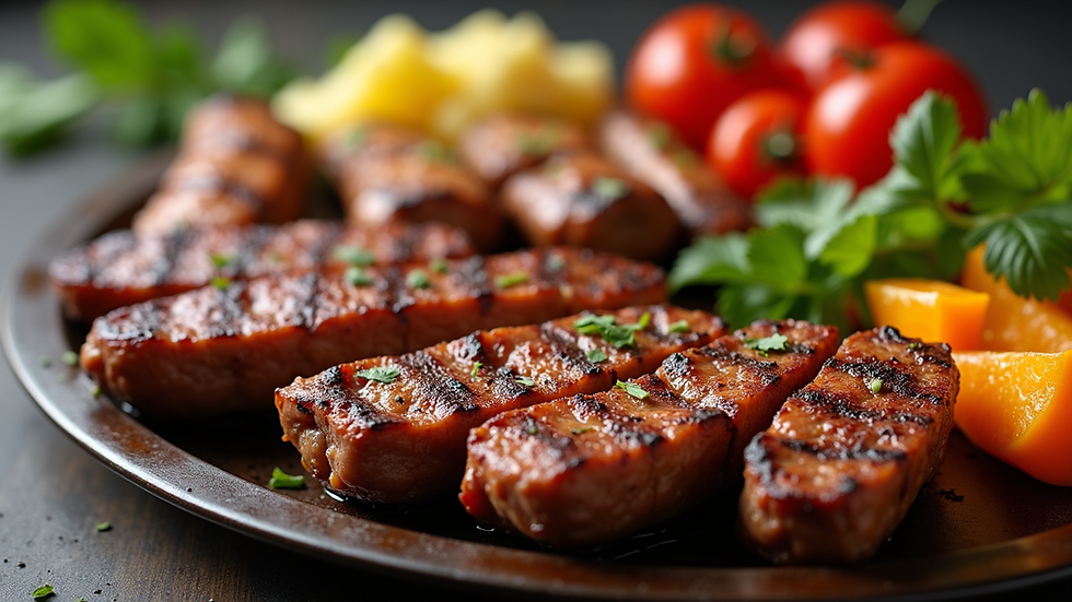 Eye-level view of a Mediterranean BBQ platter with grilled meats and fresh sides
