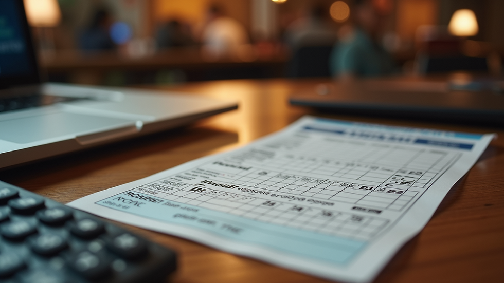 Eye-level view of a sports betting ticket and calculator on a wooden table