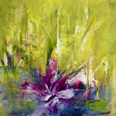 Purple and yellow image of an abstract painting reminiscent of a floral closeup. Painting by Carol M. Lawrence