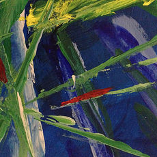 Brightly colored abstract painting with a bold blue background and striking green and red angular lines. Painting by Carol M. Lawrence