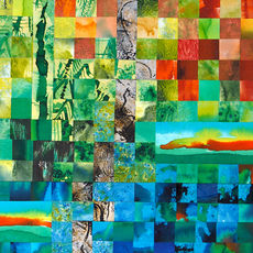 Colorful image of an abstract painting made up of hundreds of tiny squares of paper. Painting by Carol M. Lawrence