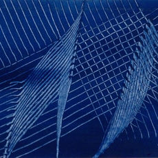 A subtle dark blue painting is shown with dynamic lighter colored lines etched throughout. Painting by Carol M. Lawrence