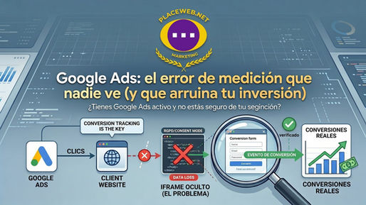 Guía visual sobre fallos en el seguimiento de conversiones de Google Ads, iframes y Consent Mode. Portada del artículo de PlaceWeb sobre optimización de inversión SEM