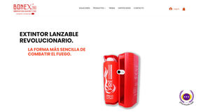 Diseño de la página de inicio de Bonex Iberia con enfoque en seguridad contra incendios y tecnología de extinción.