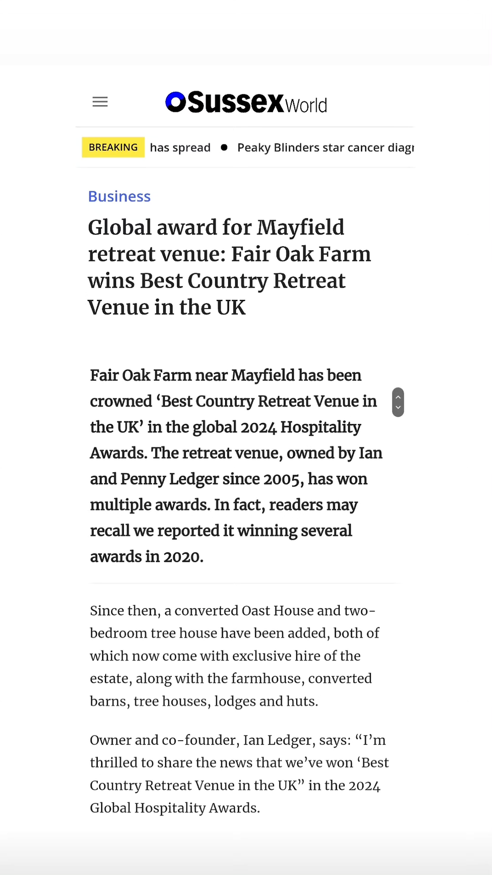 Fair Oak Farm Wins 'Best Country Retreat Venue In UK' in the Global Hospitality Awards 2024.