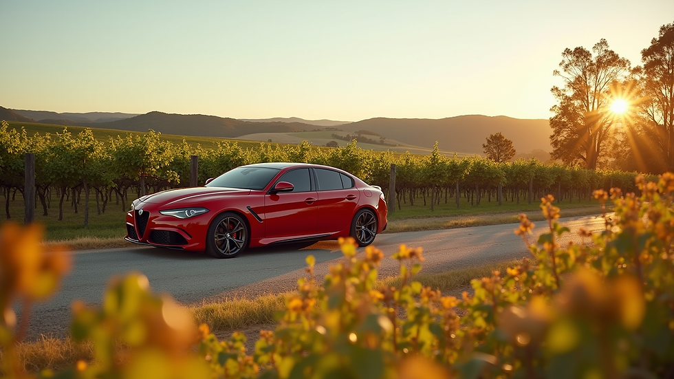 Wide angle view of a red car parked near a vineyard in Margaret River