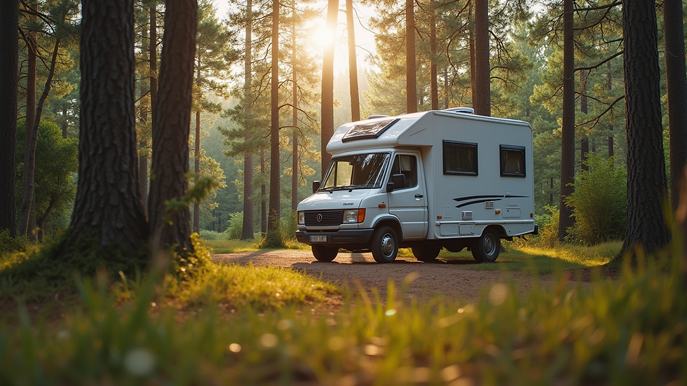Eye-level view of a spacious family campervan parked near a forest
