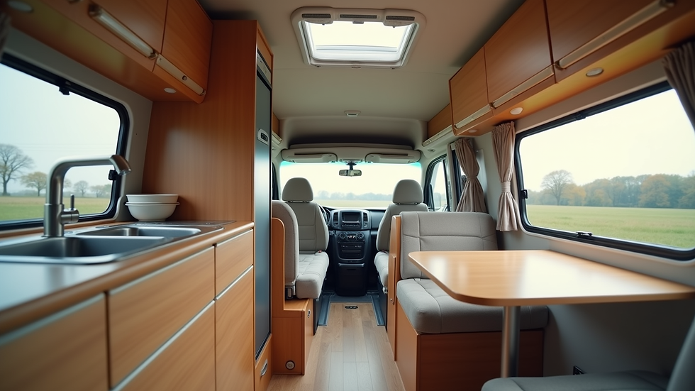 Wide angle view of a 4-berth campervan interior with kitchen and dining area