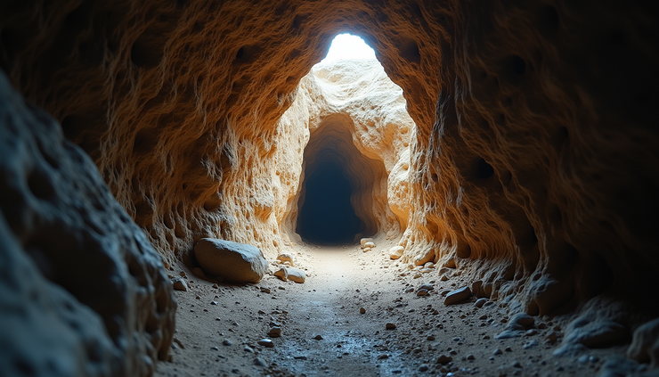 Eye-level view of a narrow cave entrance surrounded by rugged limestone rocks