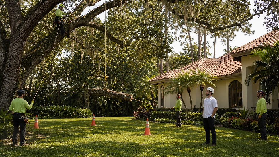 tree-removal image with controlled rigging, proper PPE, an open drop zone, safely separated crew