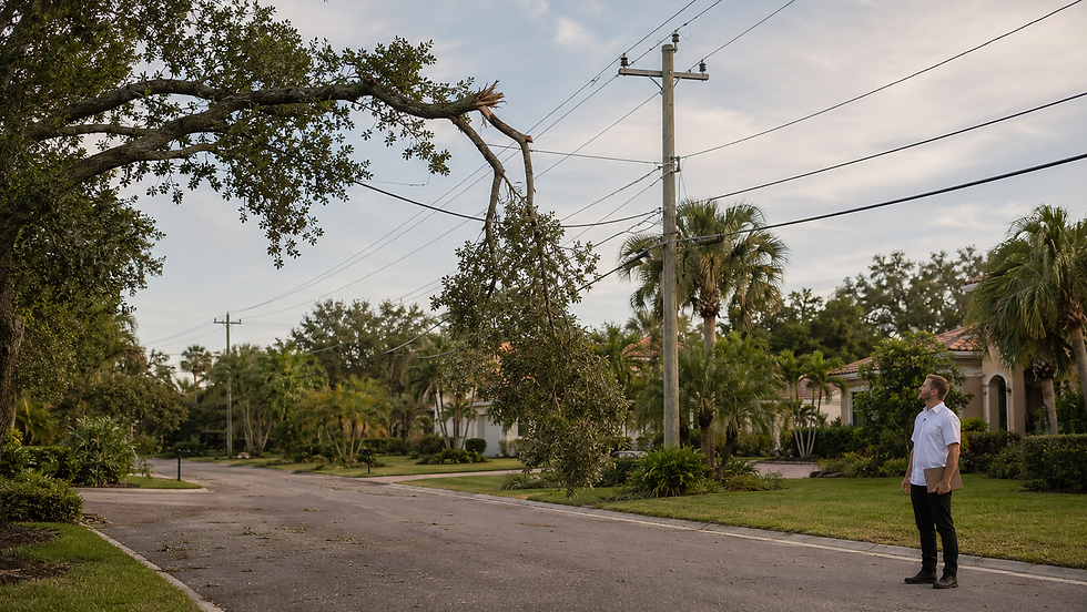 Highly realistic ground-level photograph of a storm-damaged tree branch visibly near overhead utility lines in a Southwest Florida residential neighborhood. The tree-service representative stands at a clearly safe distance looking toward the situation without touching the tree, wires or equipment. No person working near the lines. No sparks or dramatic electricity. Florida palms, residential homes and utility poles visible. Warm but restrained afternoon light. Documentary safety photograph.