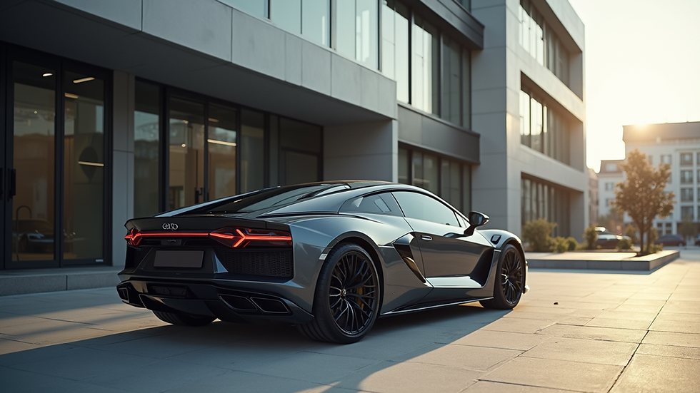 High angle view of a luxury car parked in front of a modern building