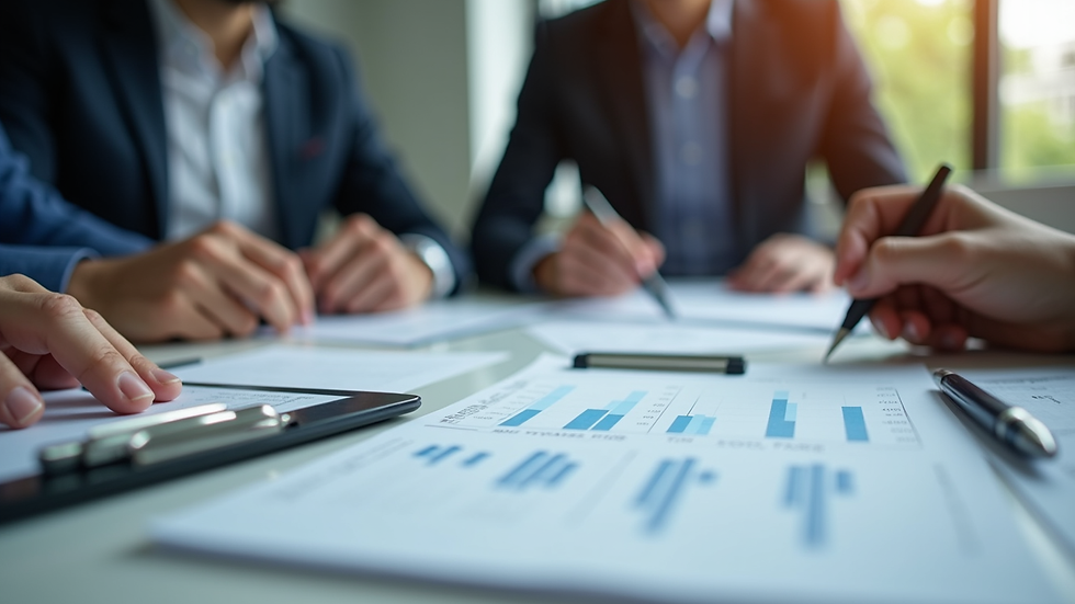 Close-up view of a business meeting with consultants discussing financial documents
