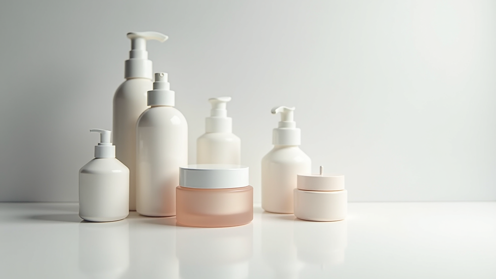 Eye-level view of skincare products arranged on a clean white surface