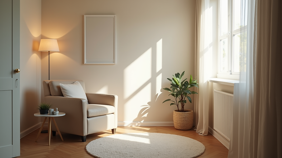Eye-level view of a cozy healthcare consultation room with a comfortable chair and soft lighting