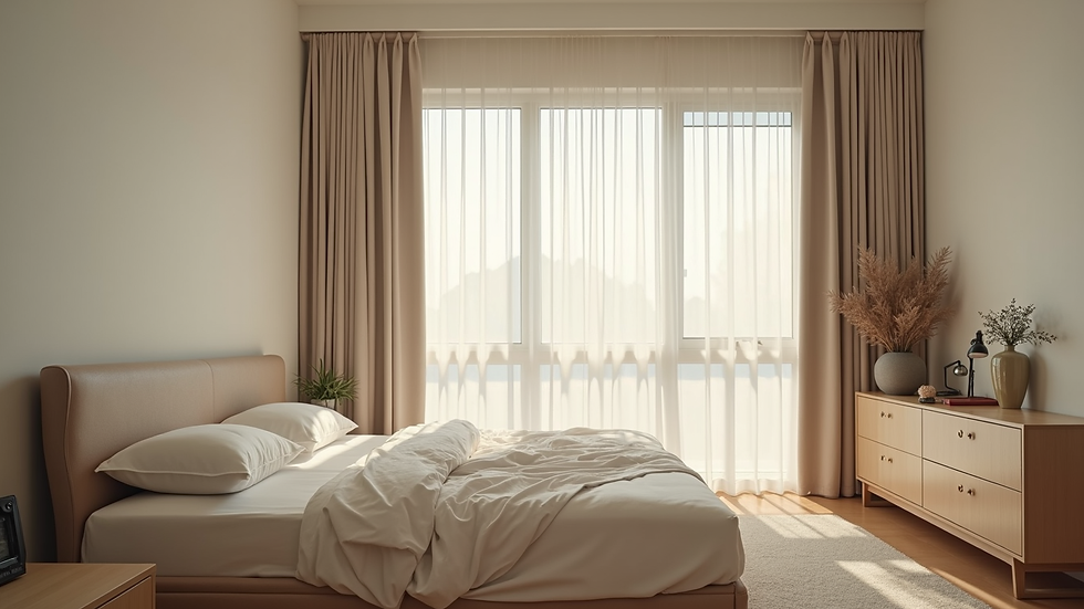 High angle view of a calm bedroom with soft natural light