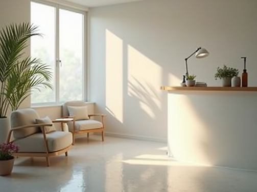 A serene and professional clinic setting with soft natural lighting, conveying comfort and