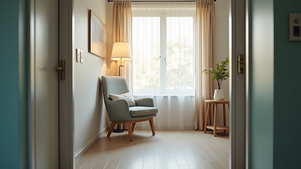 Eye-level view of a cozy medical consultation room with a comfortable chair and soft lighting