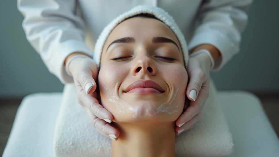 Close-up view of a dermatologist's hands applying a gentle facial treatment