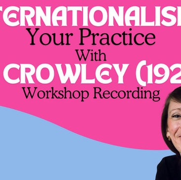 a woman smiling on a blue and pink backgound with text reading internationalising your practice with jo crowley (1927) workshop recording