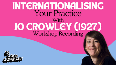 a woman smiling on a blue and pink backgound with text reading internationalising your practice with jo crowley (1927) workshop recording