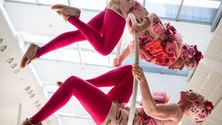 Two people wearing pink costumes and flower headdresses hang together on a big hoop in the air, looking at one another.