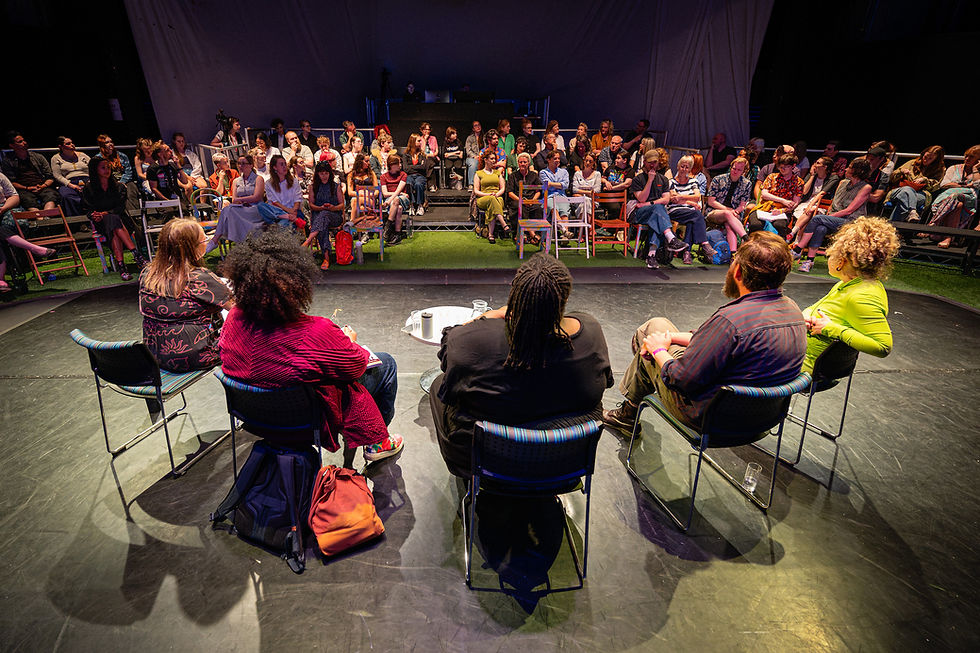 a panel of people sit on a stage talking, the camera behind them pointing at an audience listening to the pannelists