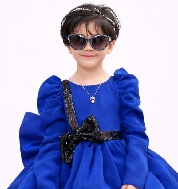 Thumbnail: Girls Royal Blue Party Dress Kids Bow Birthday Princess Dress