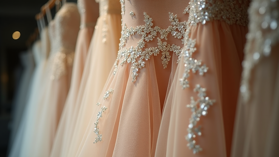Close-up view of a beautifully embroidered special occasion dress on display