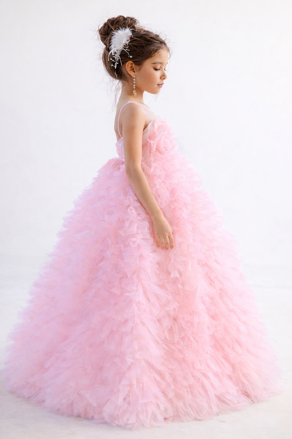 Thumbnail: Girls Pink Princess Birthday Gown Ruffle Tulle Party Dress